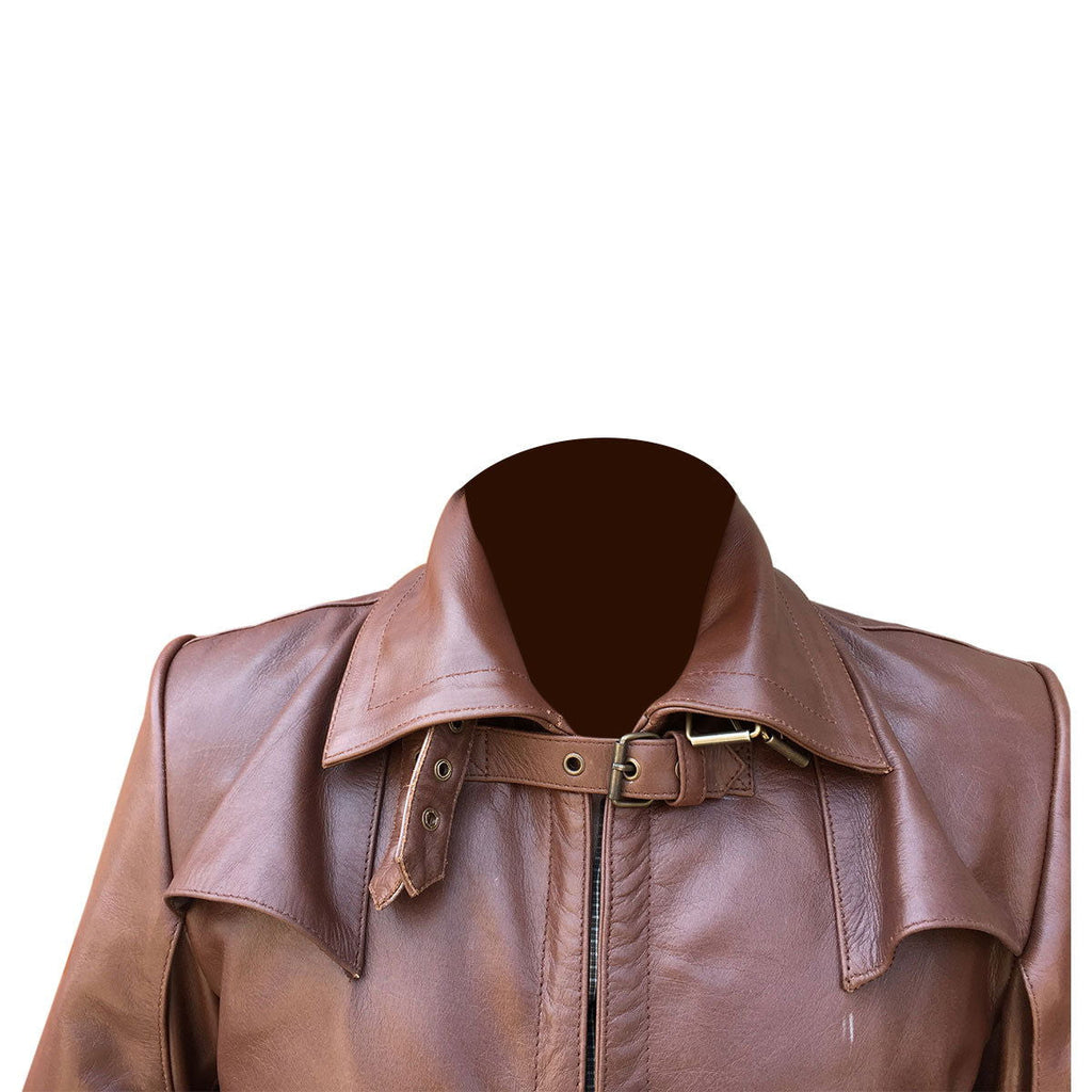 Men's Brown Leather Caped Duster – Five-Buckle Front, view 2