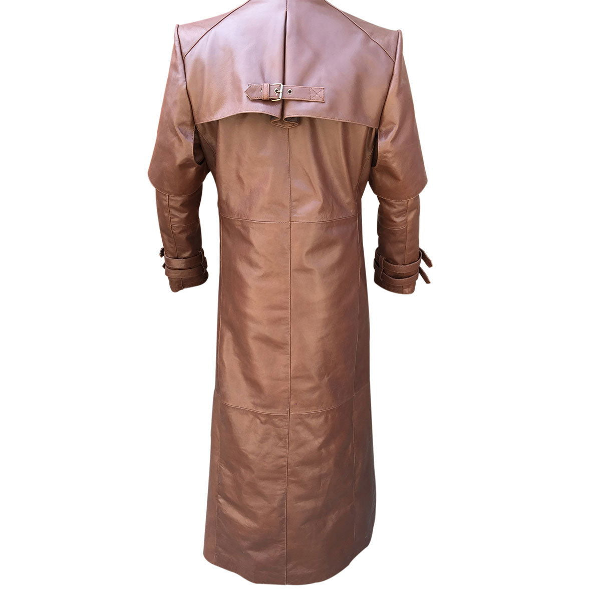 Men's Brown Leather Caped Duster – Five-Buckle Front, view 3