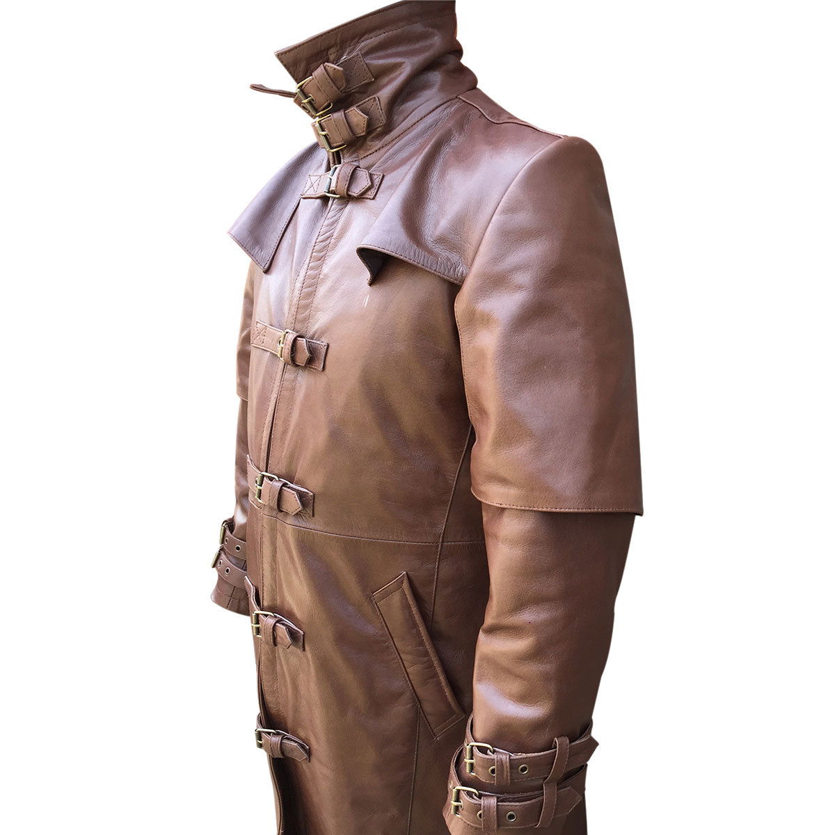 Men's Brown Leather Caped Duster – Five-Buckle Front, view 4