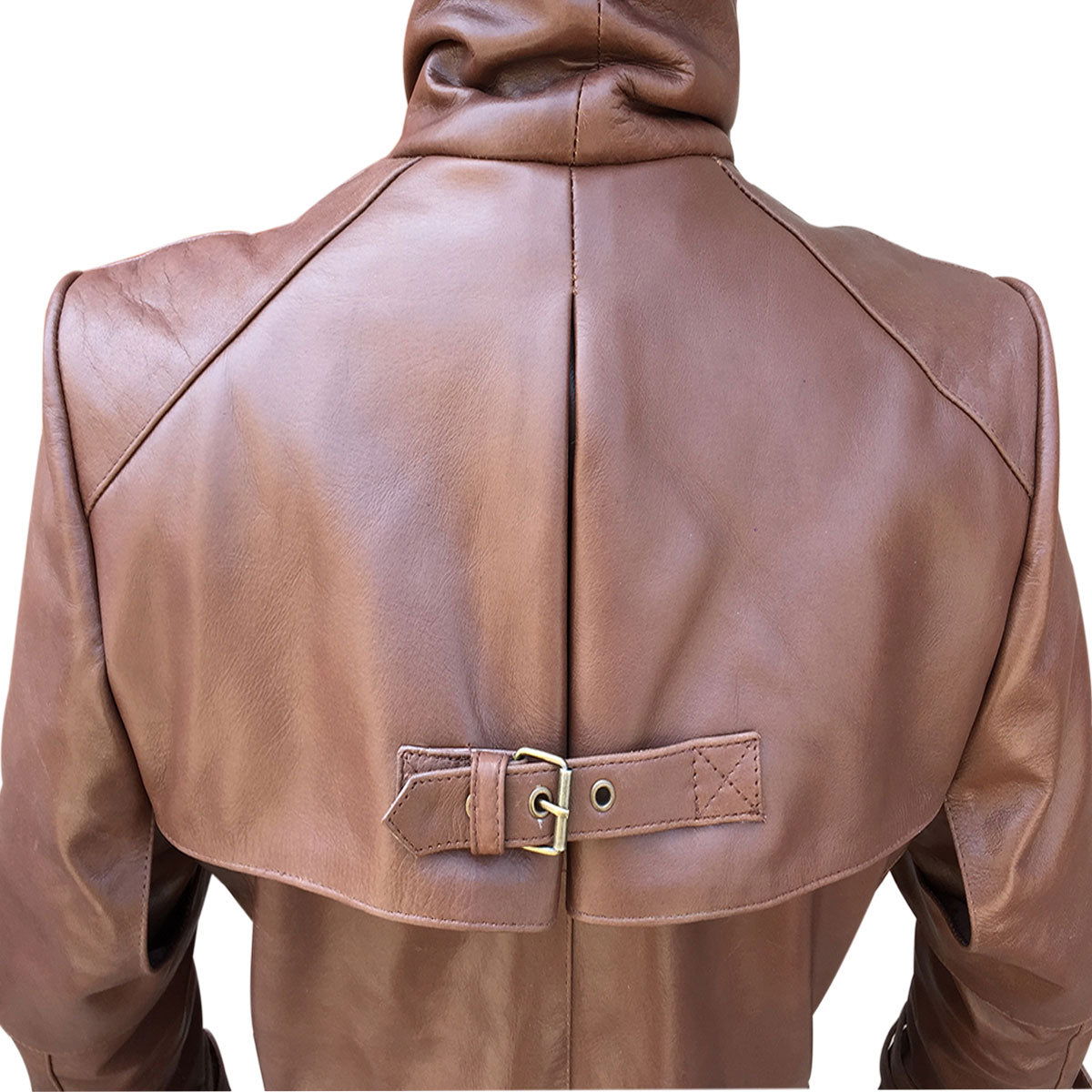 Men's Brown Leather Caped Duster – Five-Buckle Front, view 5