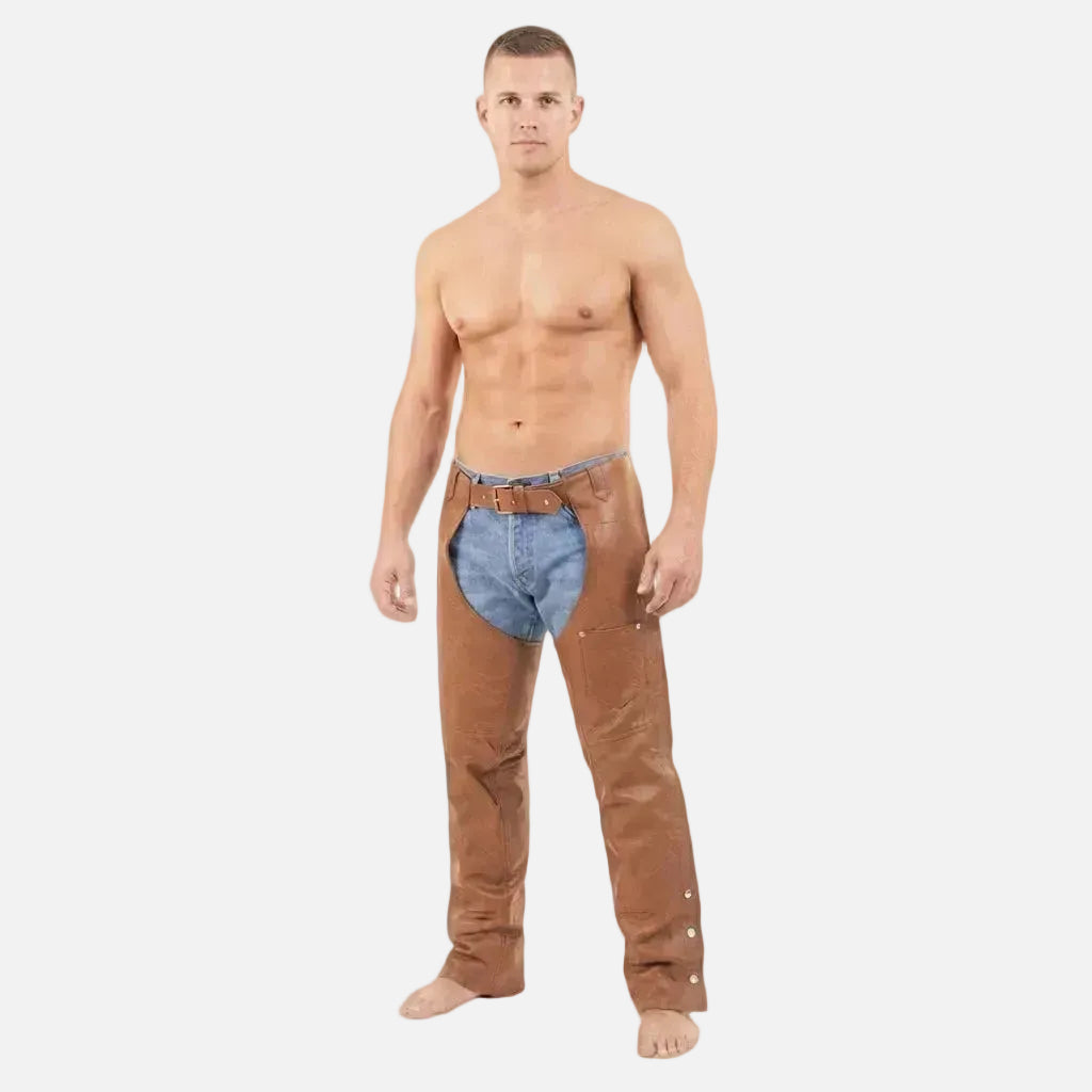 Men's Brown Leather Chaps – Outside-Leg Zips