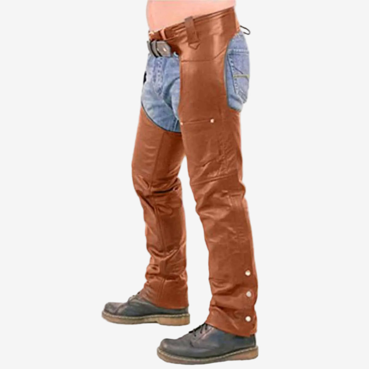 Men's Brown Leather Chaps – Outside-Leg Zips, view 2