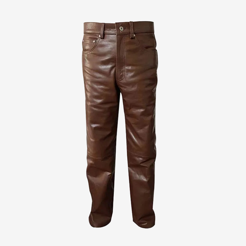 Men's Brown Leather Five-Pocket Jeans