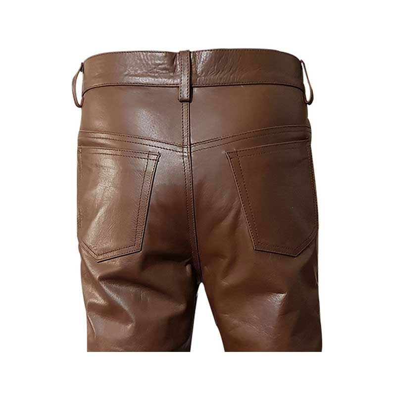 Men's Brown Leather Five-Pocket Jeans, view 3