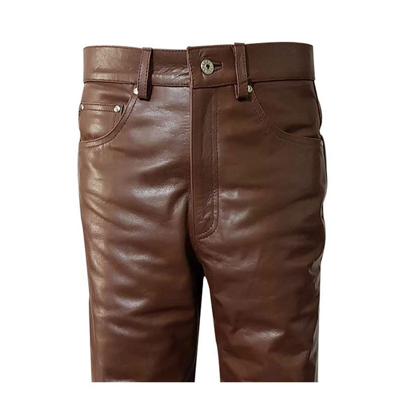 Men's Brown Leather Five-Pocket Jeans, view 4