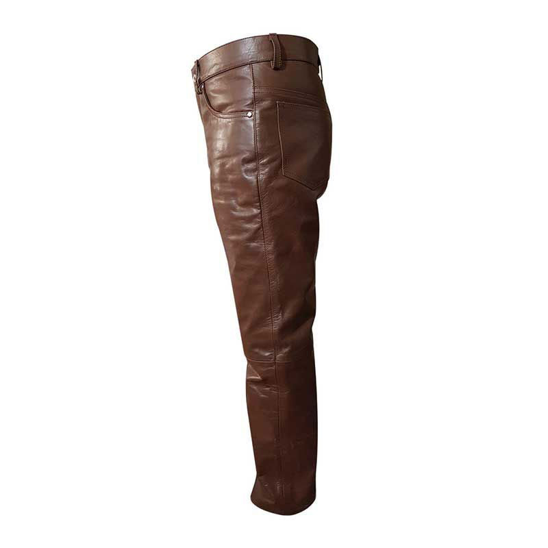 Men's Brown Leather Five-Pocket Jeans, view 5