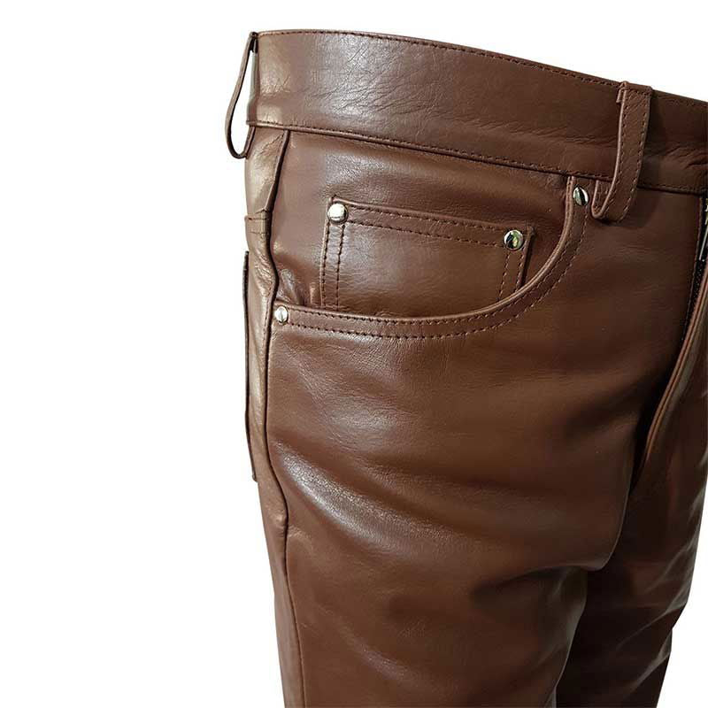 Men's Brown Leather Five-Pocket Jeans, view 6