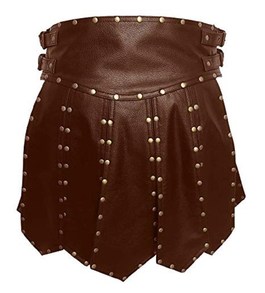 Men's Brown Leather Gladiator Kilt – Satin Lined, view 3