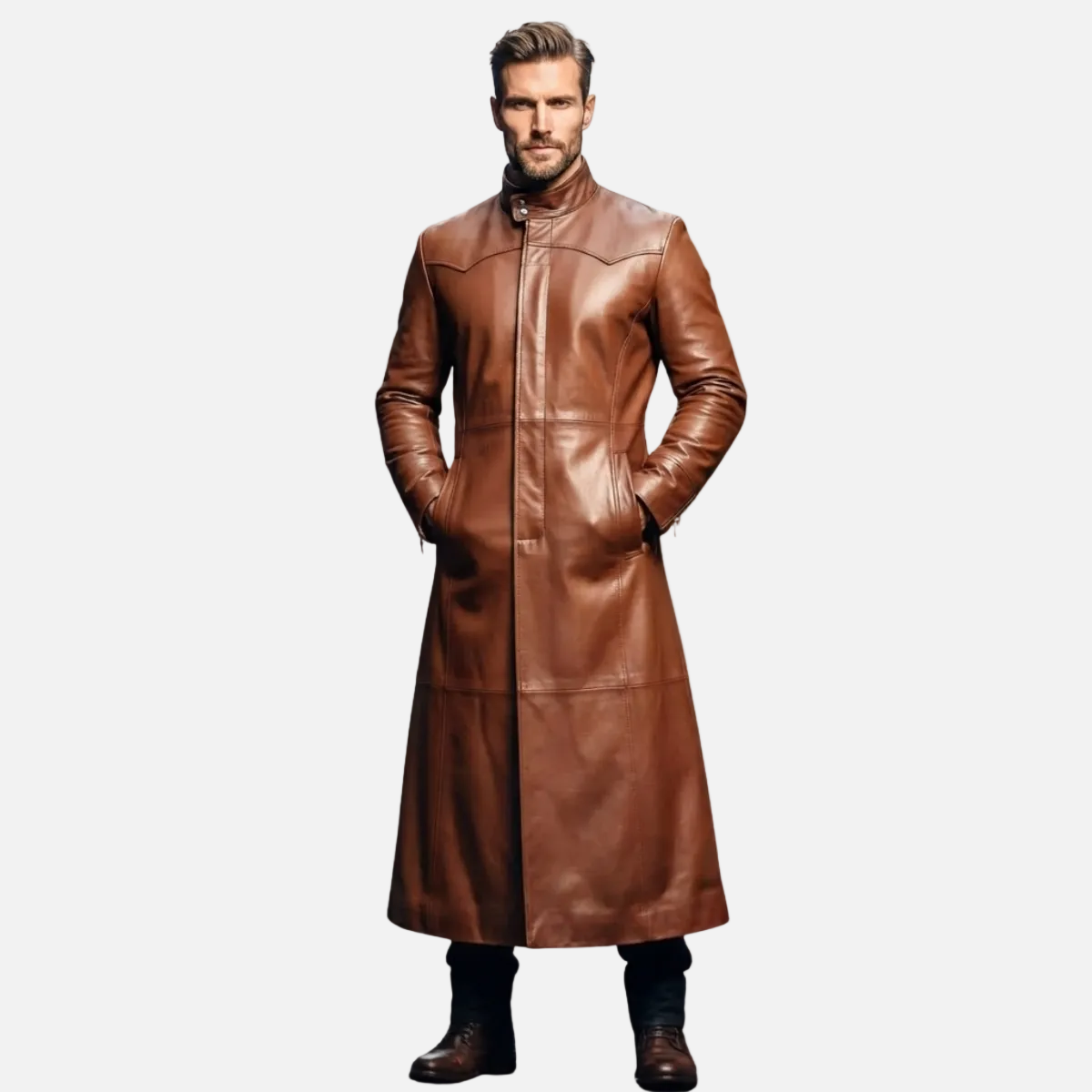 Men's Brown Leather Long Coat – Concealed Buttons