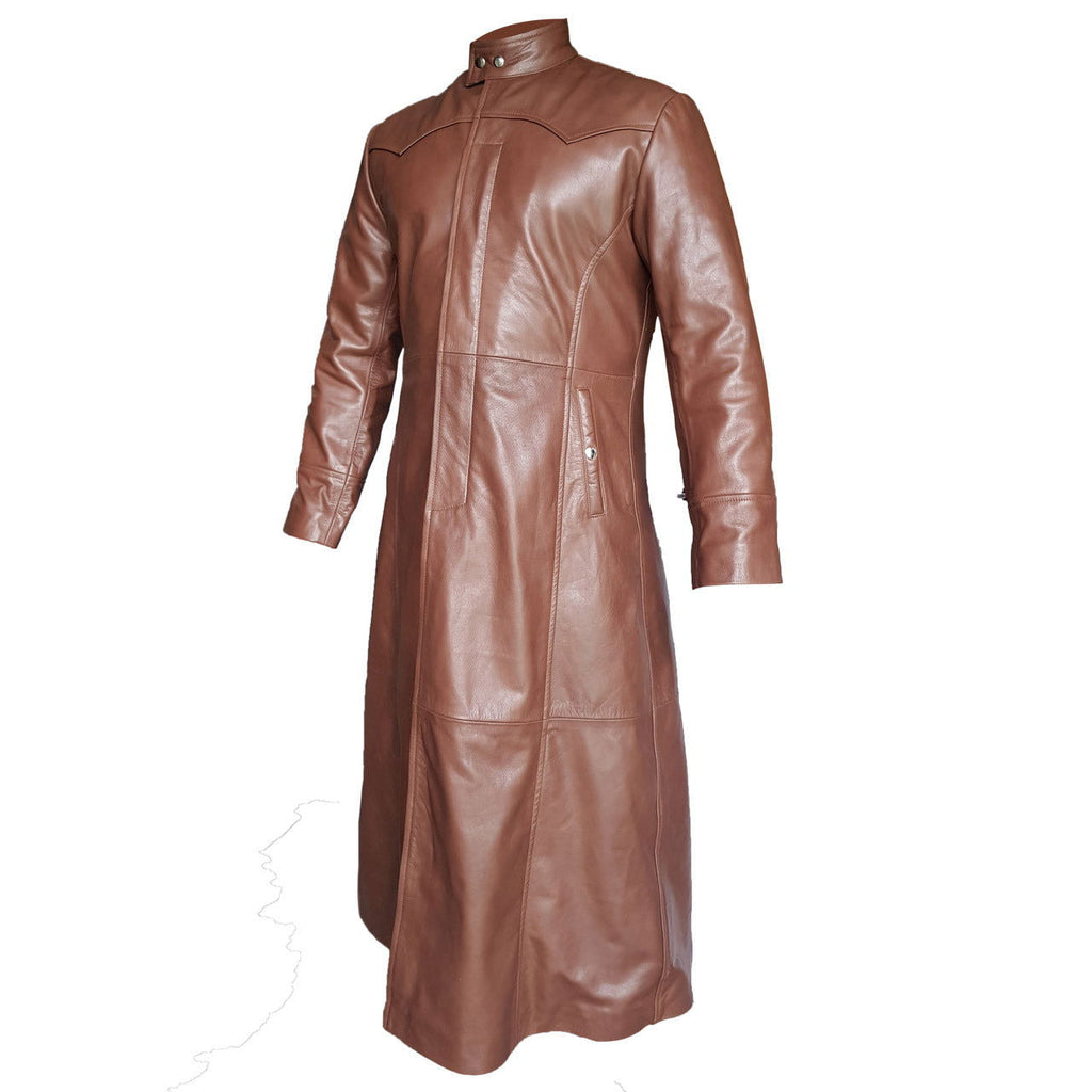 Men's Brown Leather Long Coat – Concealed Buttons, view 2