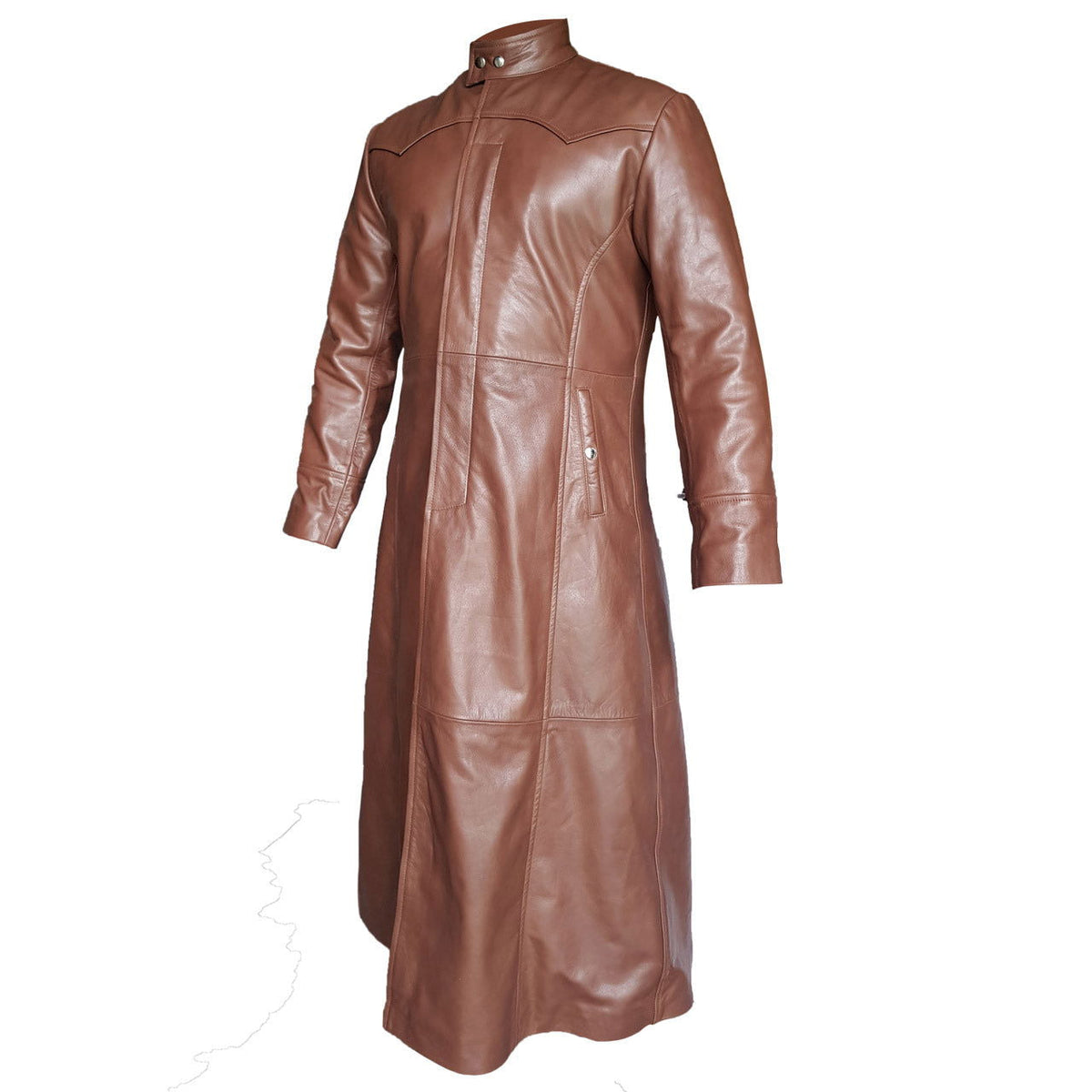 Men's Brown Leather Long Coat – Concealed Buttons, view 2