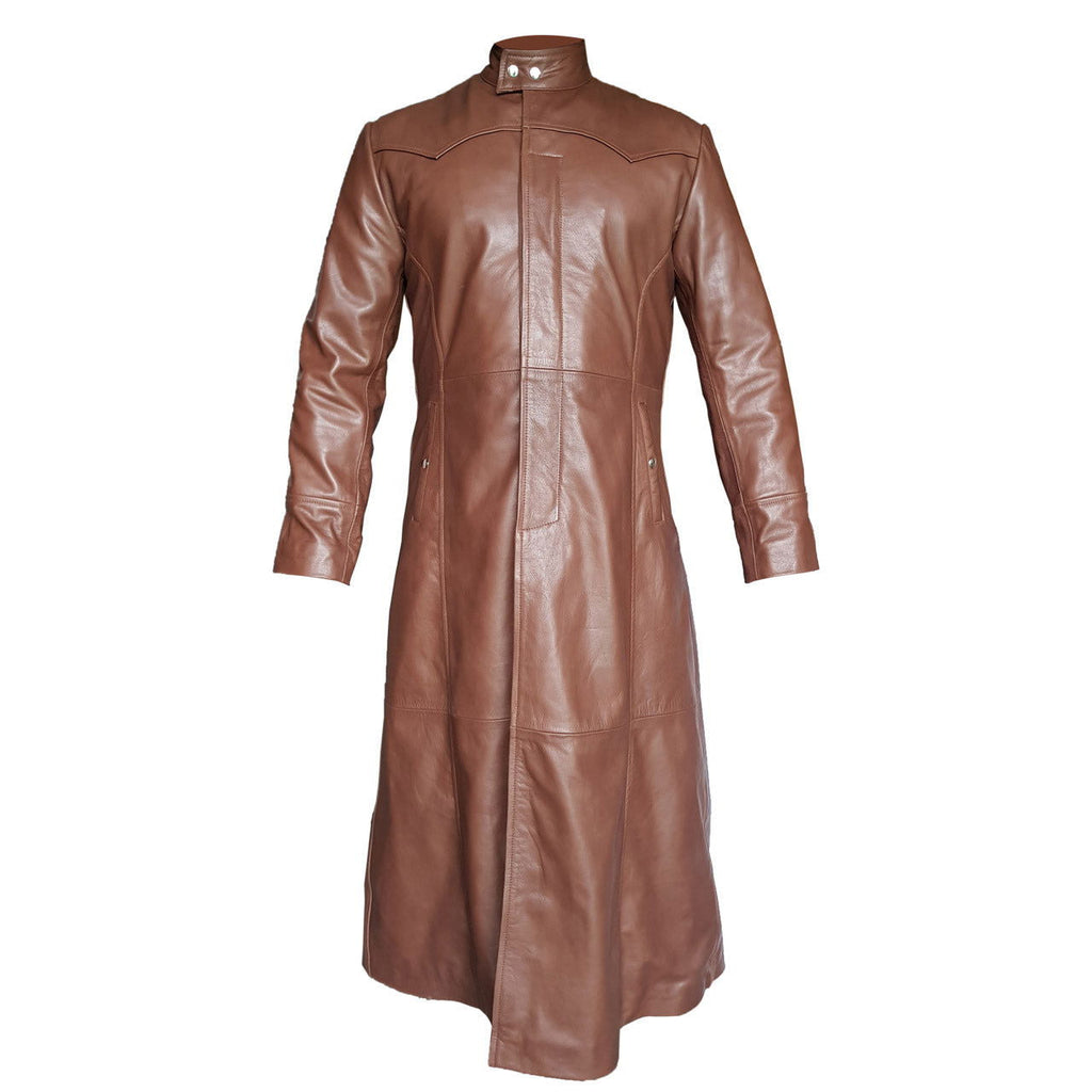 Men's Brown Leather Long Coat – Concealed Buttons, view 3