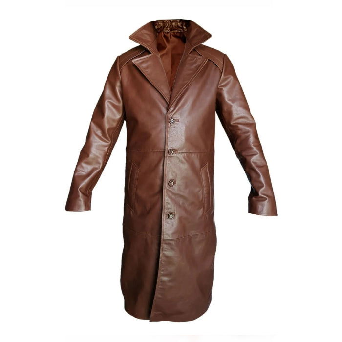 Men's Brown Leather Long Coat – Five-Button Front