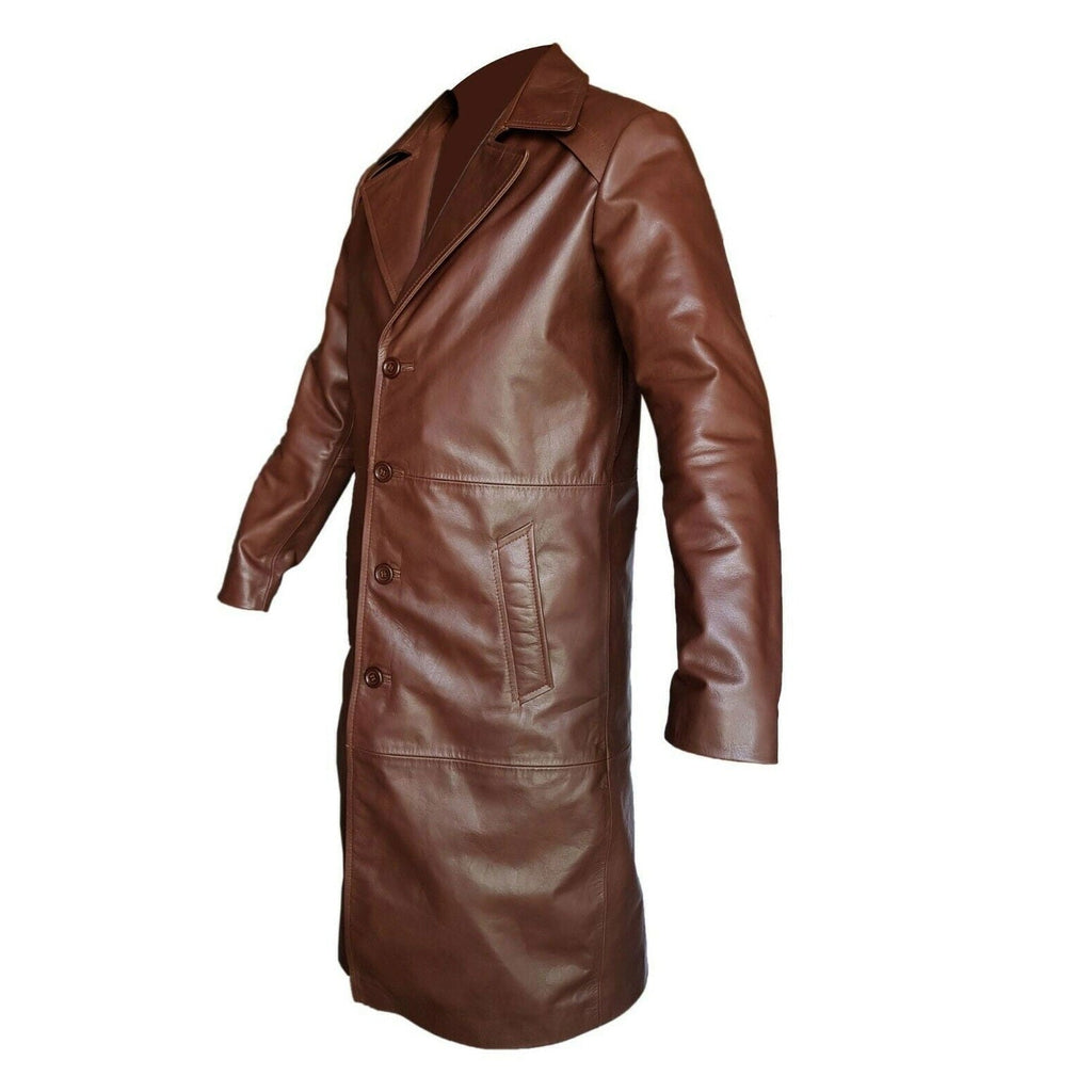 Men's Brown Leather Long Coat – Five-Button Front, view 2