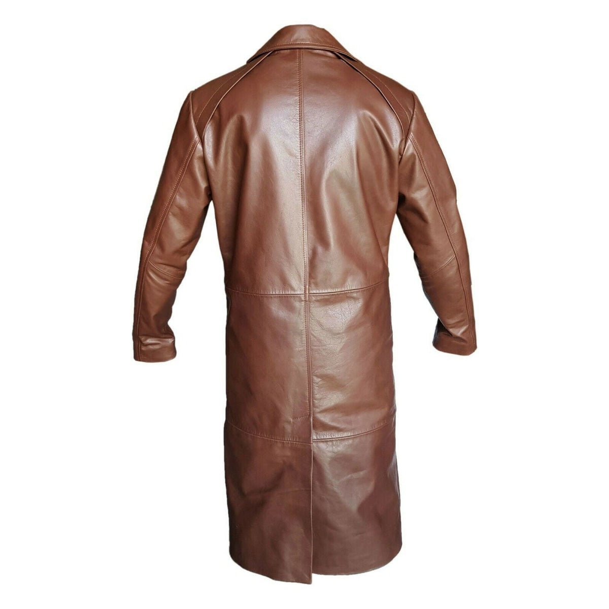 Men's Brown Leather Long Coat – Five-Button Front, view 3