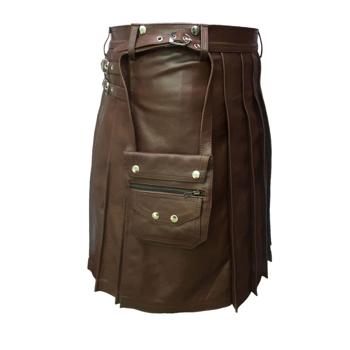 Men's Brown Leather Pleated Kilt with Sporran