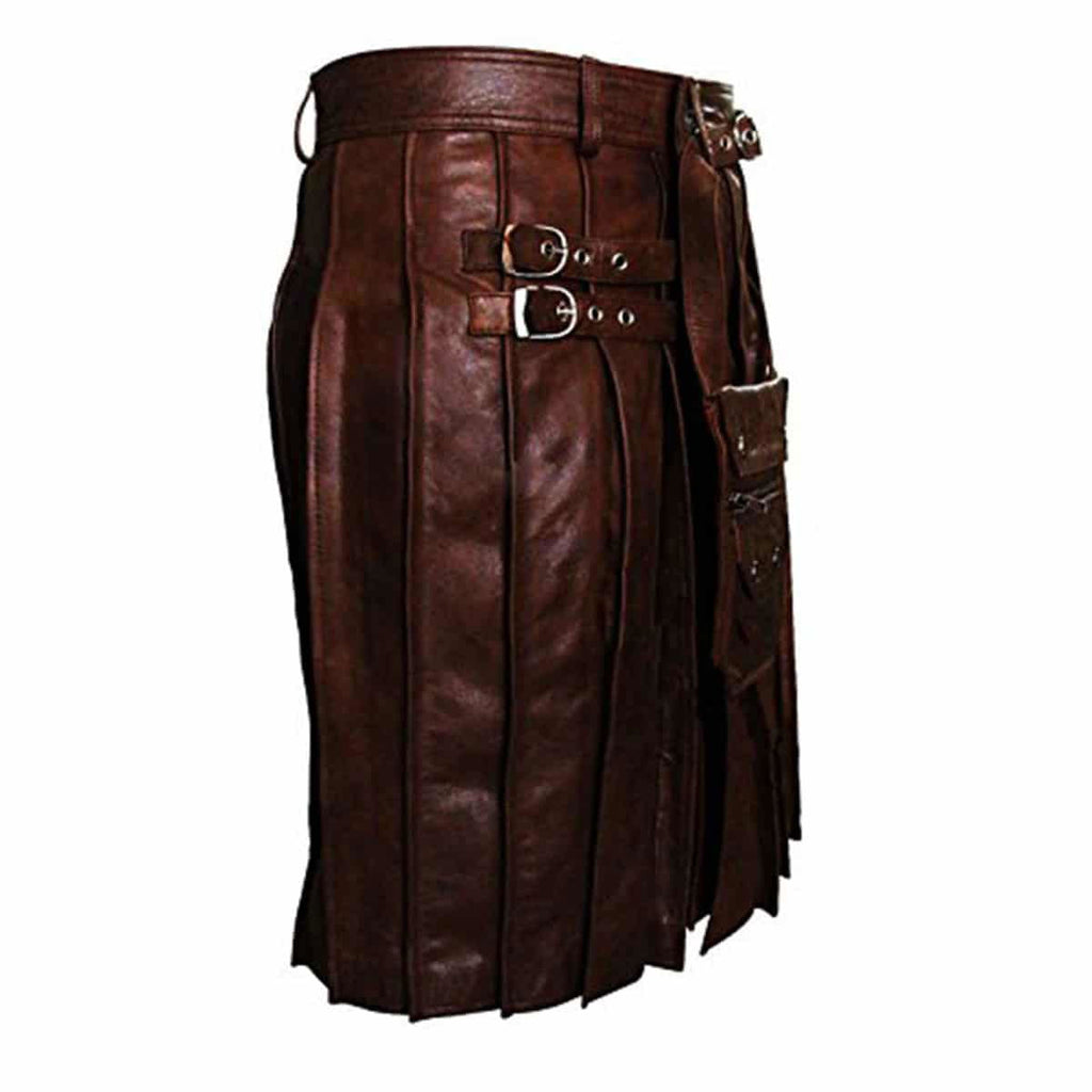 Men's Brown Leather Pleated Kilt with Sporran, view 2