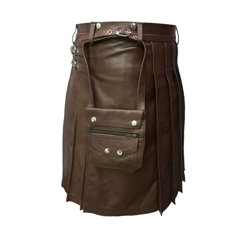 Men's Brown Leather Pleated Kilt with Sporran, view 3
