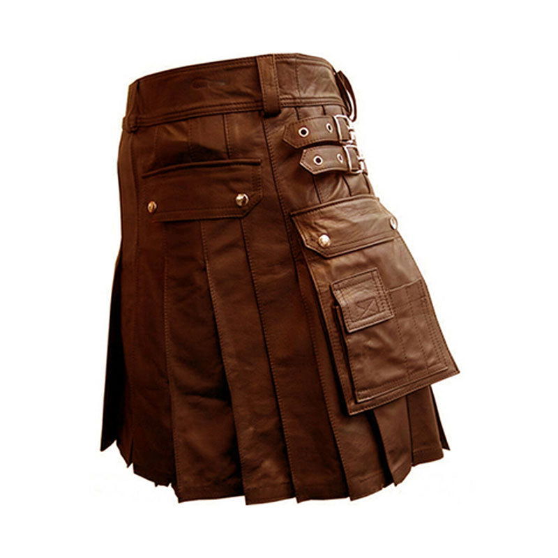 Men's Brown Leather Pleated Utility Kilt