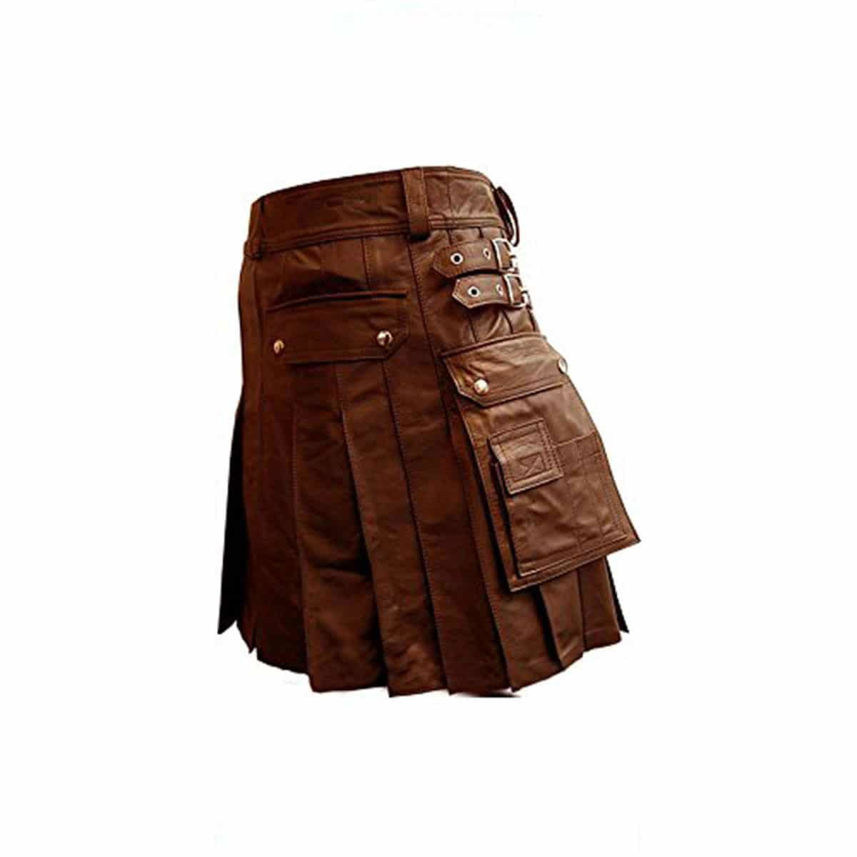 Men's Brown Leather Pleated Utility Kilt, view 2