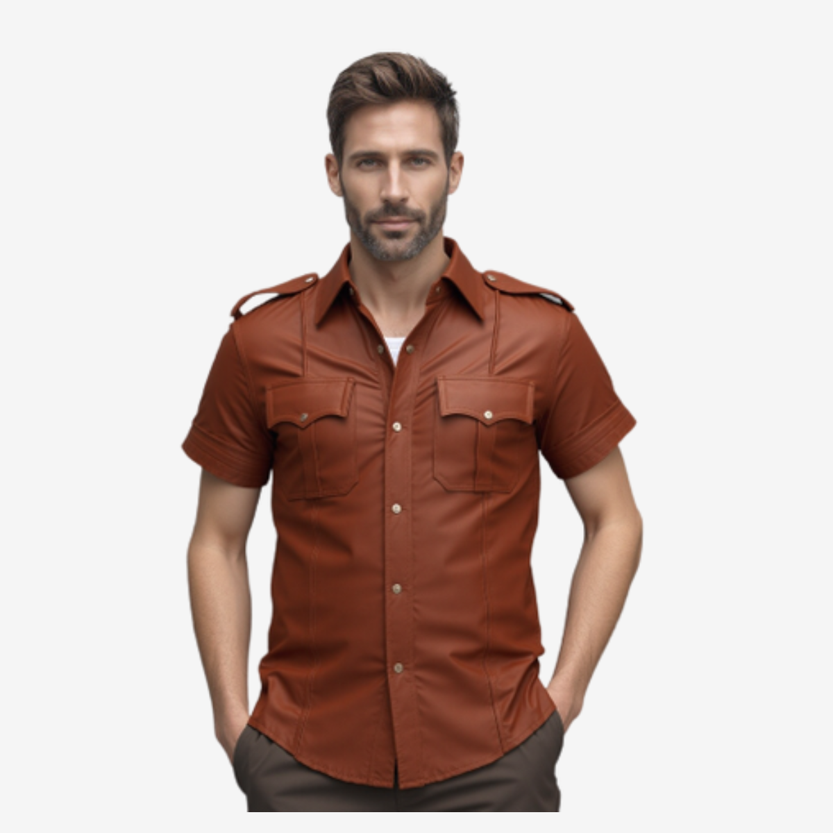 Men's Brown Leather Uniform Shirt – Short Sleeve