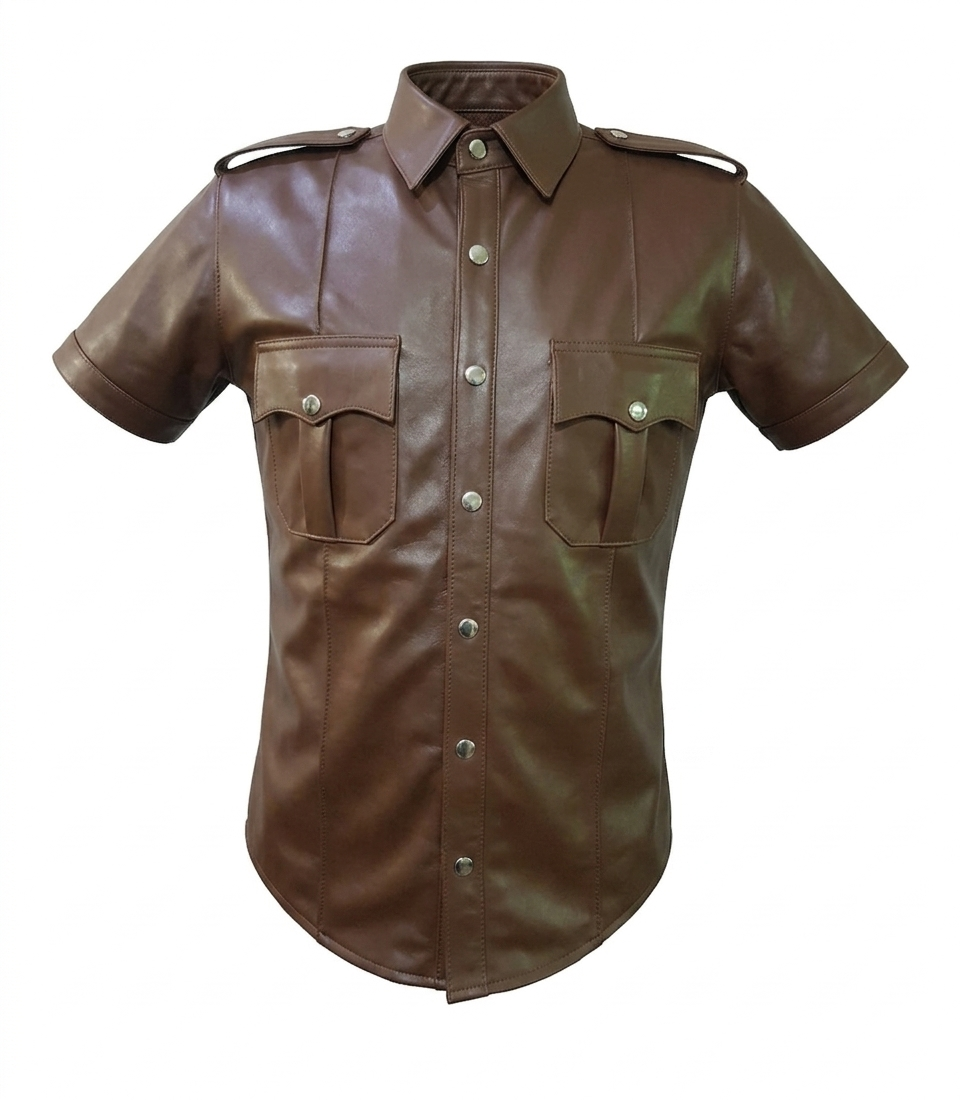 Men's Brown Leather Uniform Shirt – Short Sleeve, view 2
