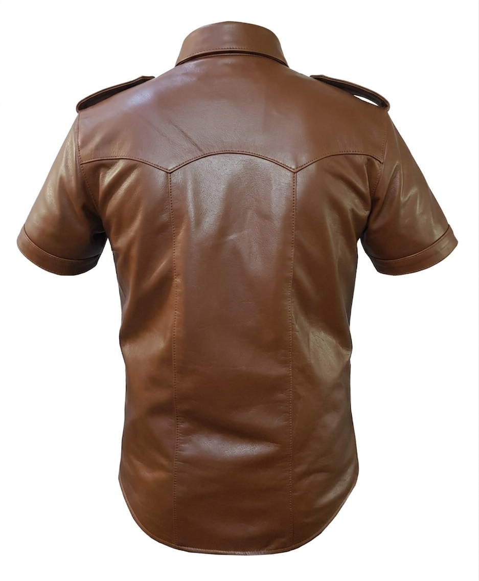 Men's Brown Leather Uniform Shirt – Short Sleeve, view 3