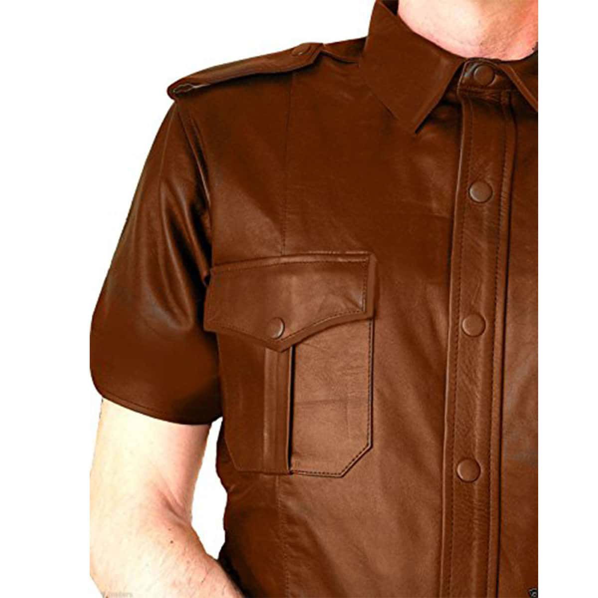 Men's Brown Leather Uniform Shirt – Short Sleeve, view 4