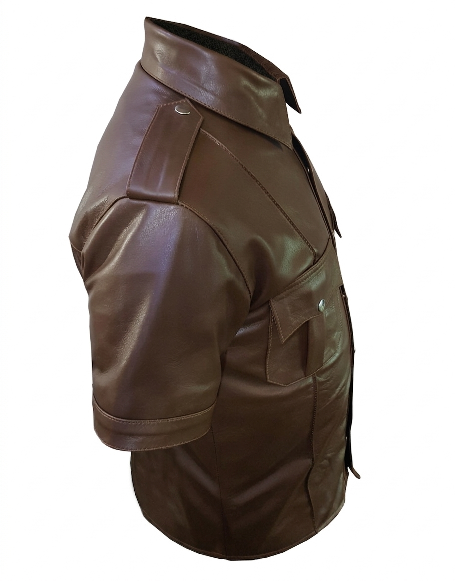 Men's Brown Leather Uniform Shirt – Short Sleeve, view 5