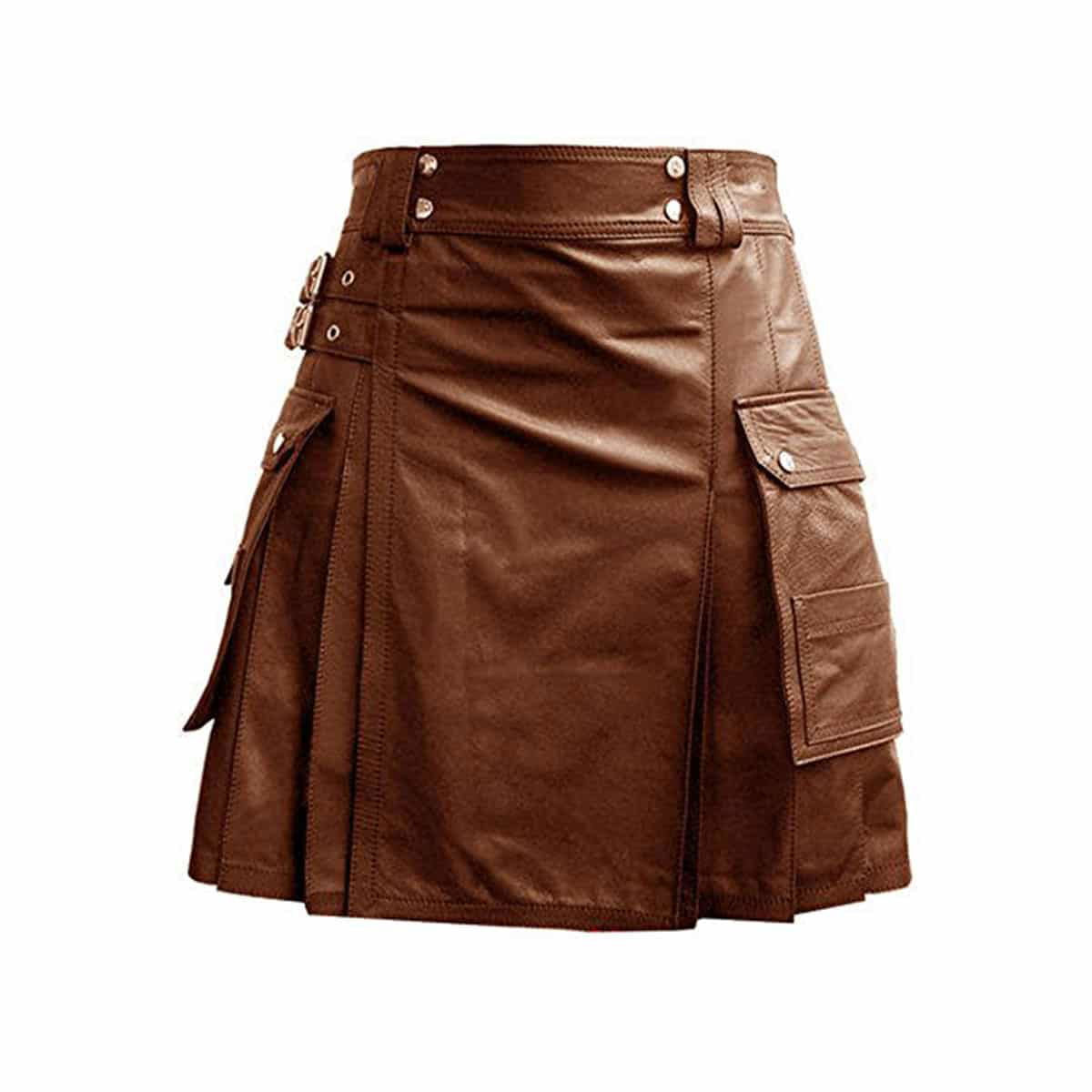 Men's Brown Leather Utility Kilt – Twin Cargo Pockets, view 2