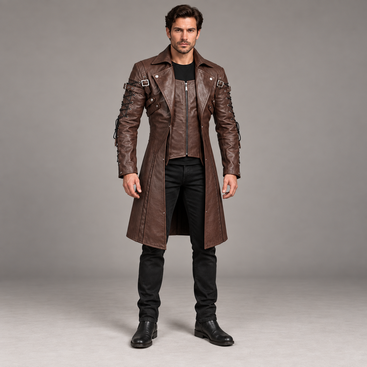 Men's Brown Leather Zip Coat – Mid Length