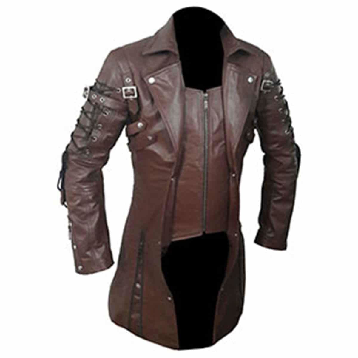Men's Brown Leather Zip Coat – Mid Length, view 3