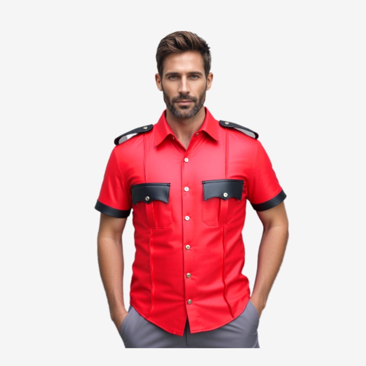 Men's Red & Black Leather Uniform Shirt – Short Sleeve