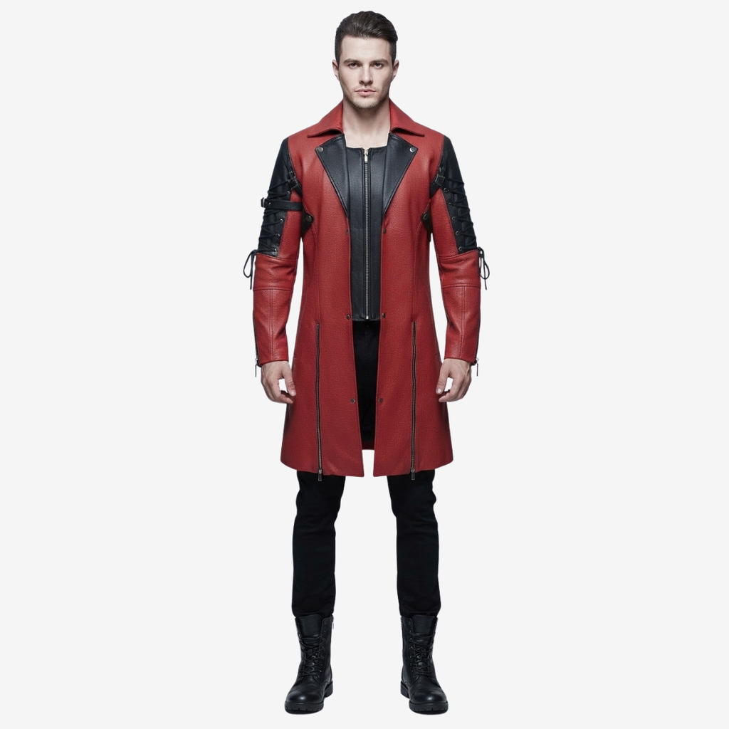 Men's Red & Black Leather Zip Coat – Mid Length