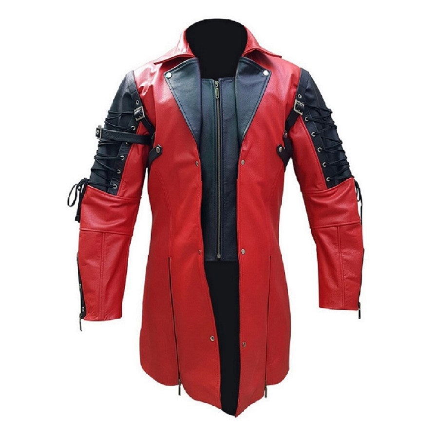 Men's Red & Black Leather Zip Coat – Mid Length, view 2