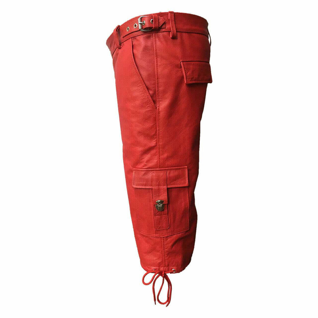 Men's Red Leather Cargo Shorts – Six Pockets, view 3
