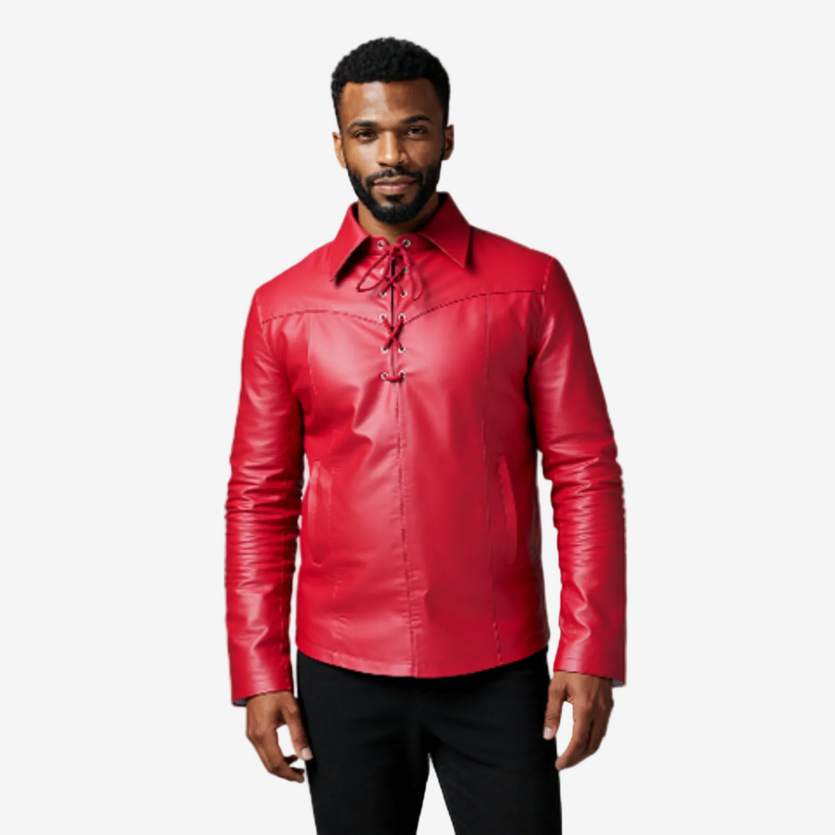 Men's Red Leather Pullover Shirt – Button Neck