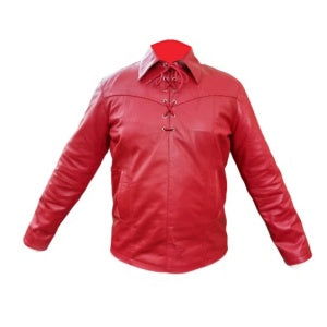 Men's Red Leather Pullover Shirt – Button Neck, view 2