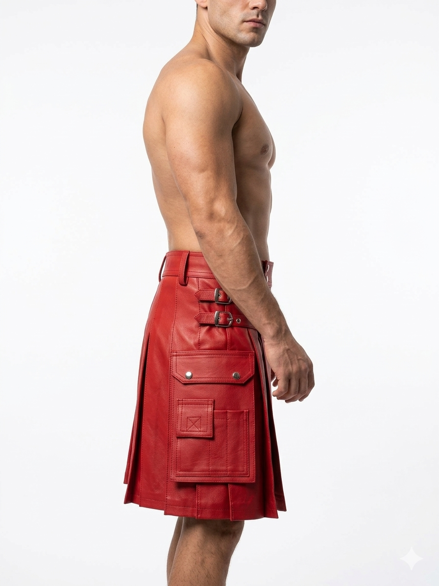 Men's Red Leather Utility Kilt – Flat Front, Cargo Pockets, view 2