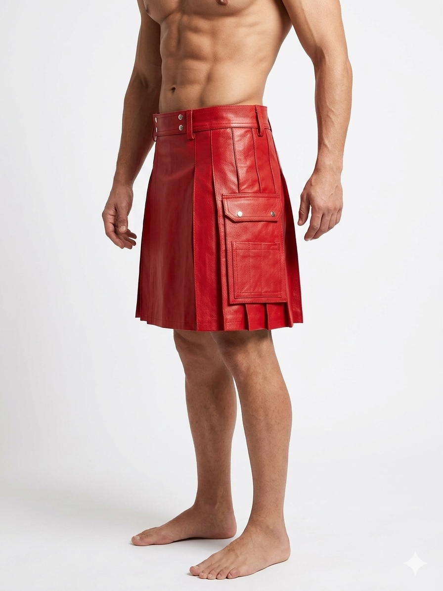 Men's Red Leather Utility Kilt – Flat Front, Cargo Pockets, view 4