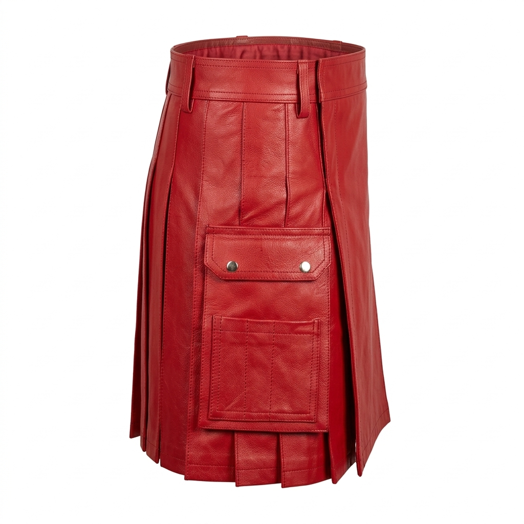 Men's Red Leather Utility Kilt – Flat Front, Cargo Pockets, view 6