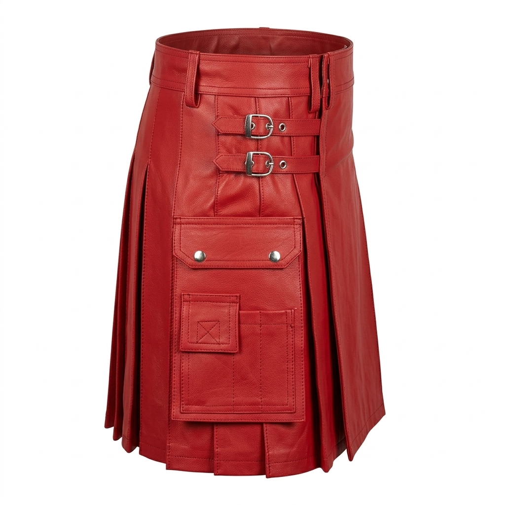 Men's Red Leather Utility Kilt – Flat Front, Cargo Pockets, view 7