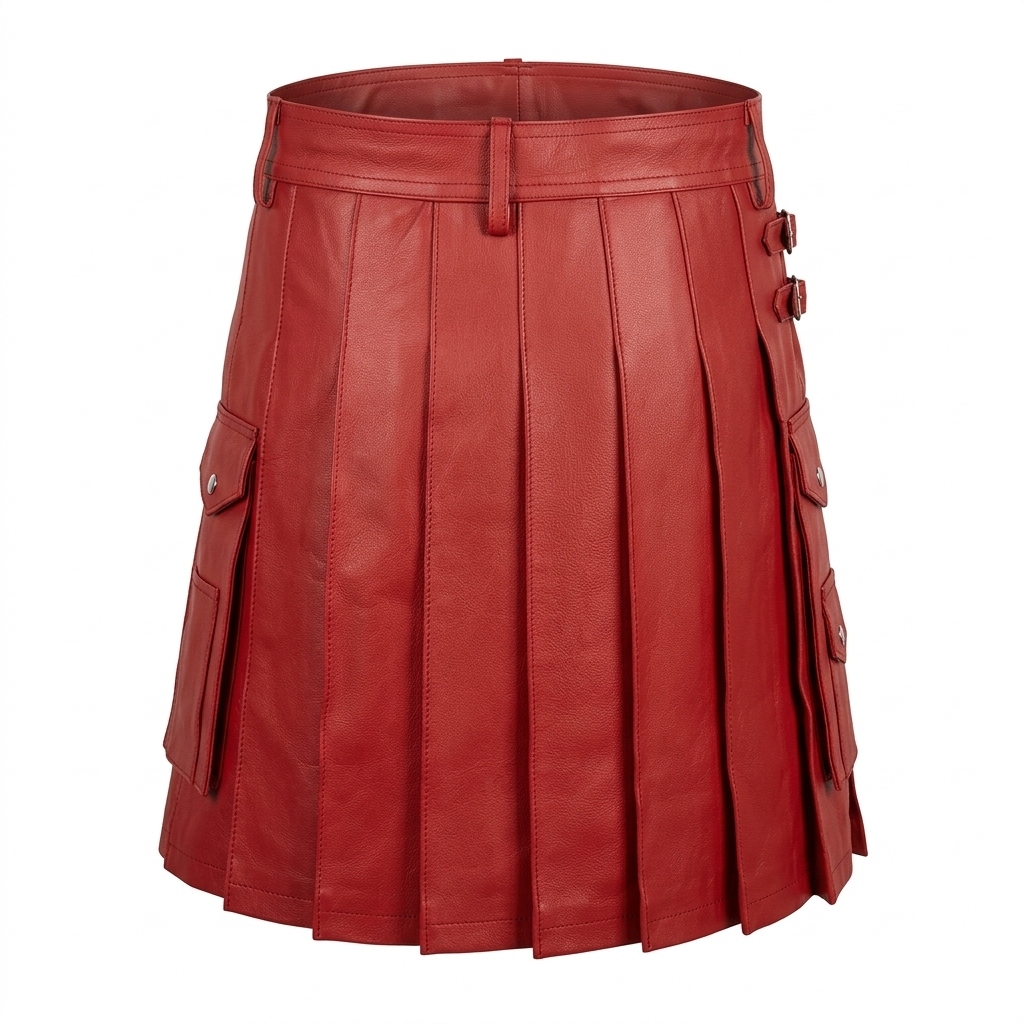 Men's Red Leather Utility Kilt – Flat Front, Cargo Pockets, view 8