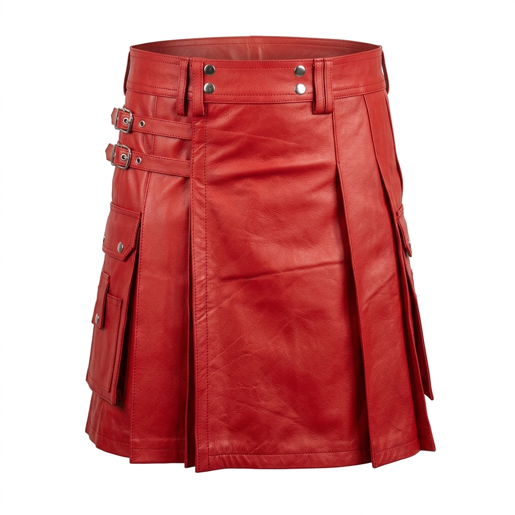 Men's Red Leather Utility Kilt – Flat Front, Cargo Pockets, view 9