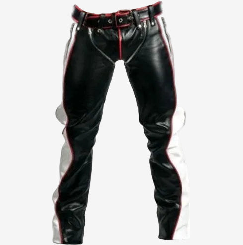 Men's Tricolour Leather Punk Strap Trousers