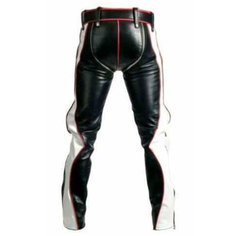 Men's Tricolour Leather Punk Strap Trousers, view 2