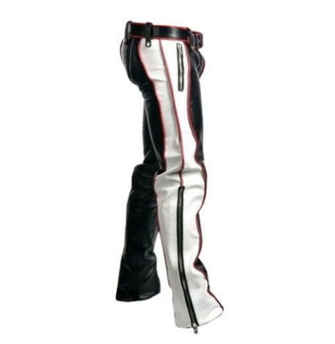 Men's Tricolour Leather Punk Strap Trousers, view 3