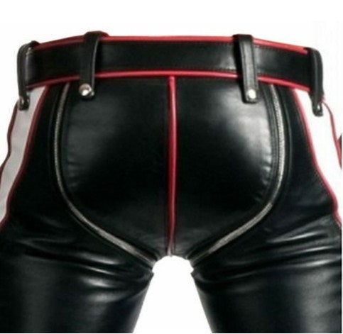 Men's Tricolour Leather Punk Strap Trousers, view 4