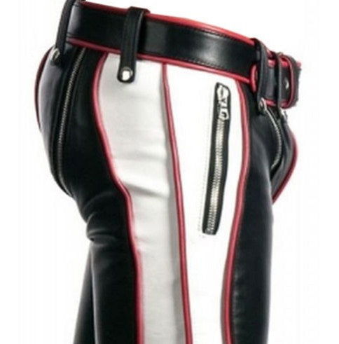 Men's Tricolour Leather Punk Strap Trousers, view 5