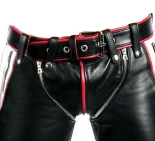 Men's Tricolour Leather Punk Strap Trousers, view 6